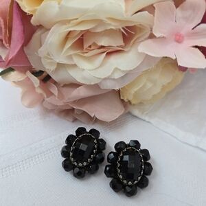 Vintage Black Faceted Glass Beads Cluster Clip-on Earrings